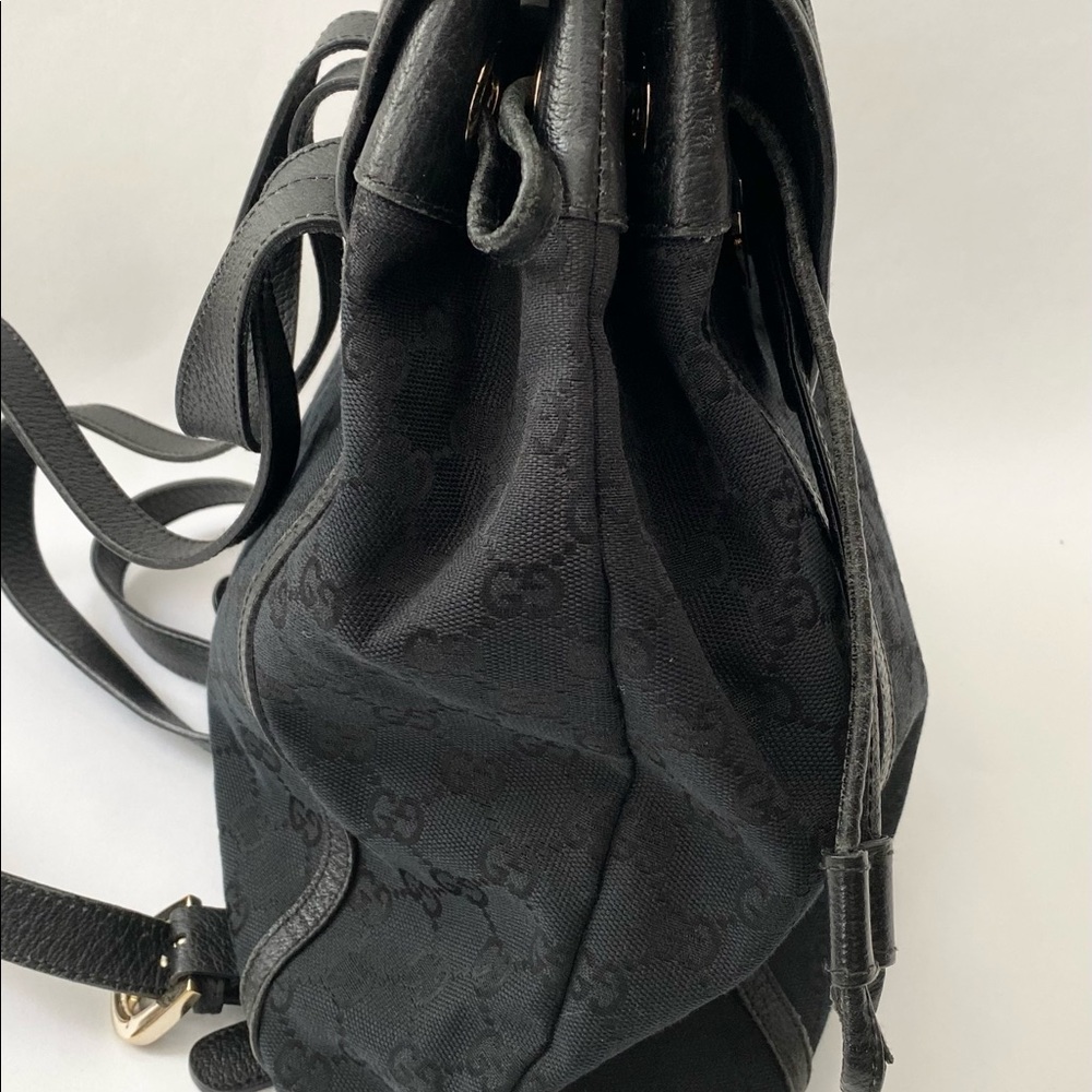 Gucci Black GG Canvas Drawstring Backpack with Gold Accent - Picture 5 of 14
